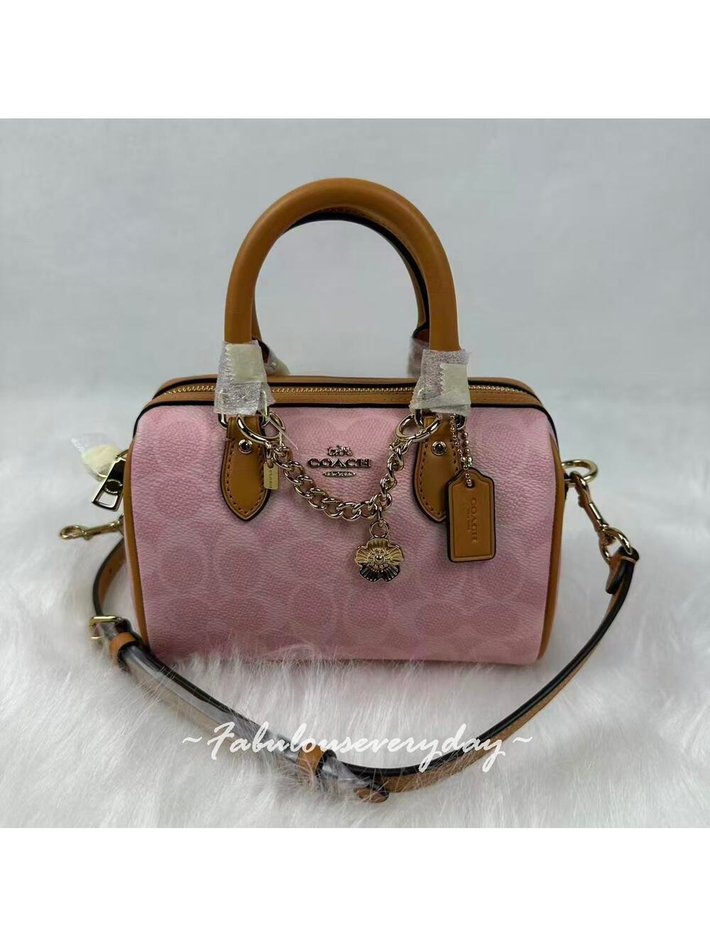 Coach Mini Rowan Crossbody Bag In Signature With Charms in Powder Pink CEK79